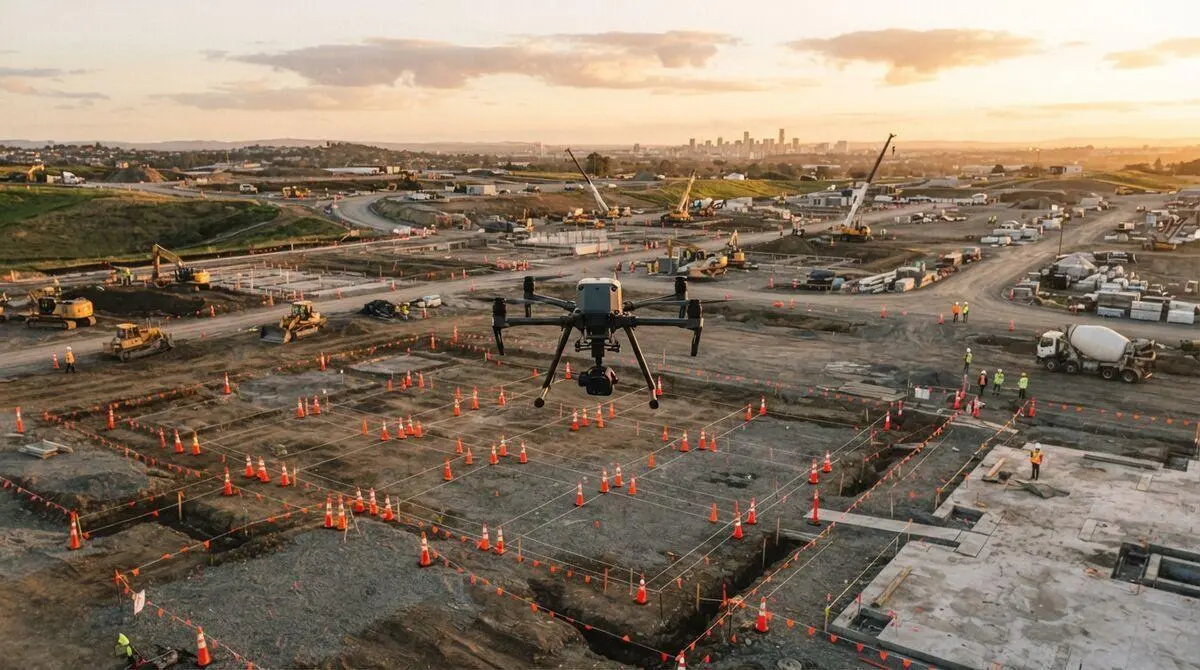 Drone flying above an active construction site