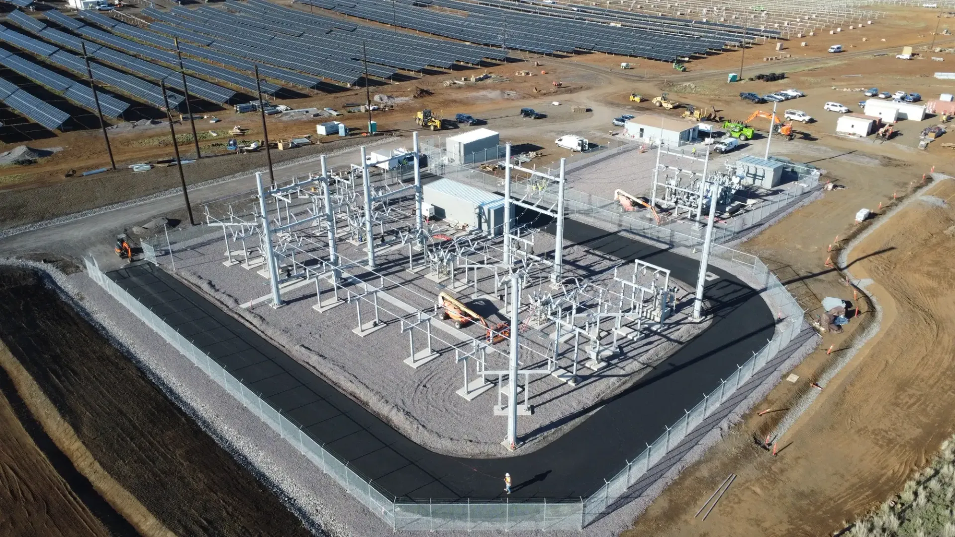 Aerial view of an electrical infrastructure substation