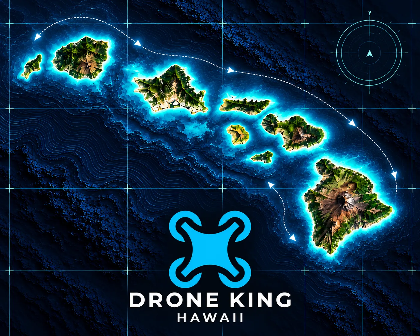 Stylized map of the Hawaiian island chain with Drone King Hawaii branding