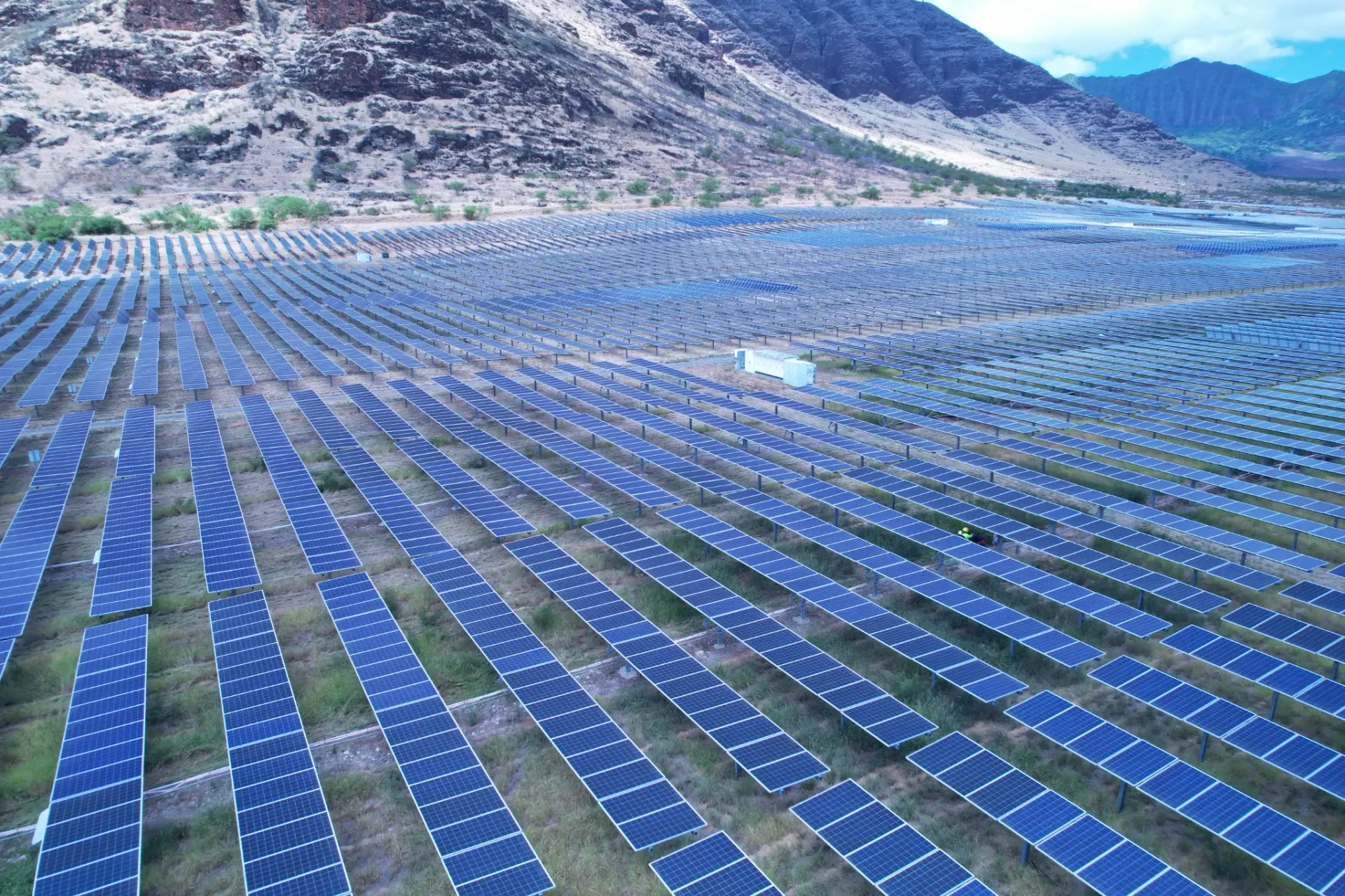Waianae solar farm against the Hawaiian mountains